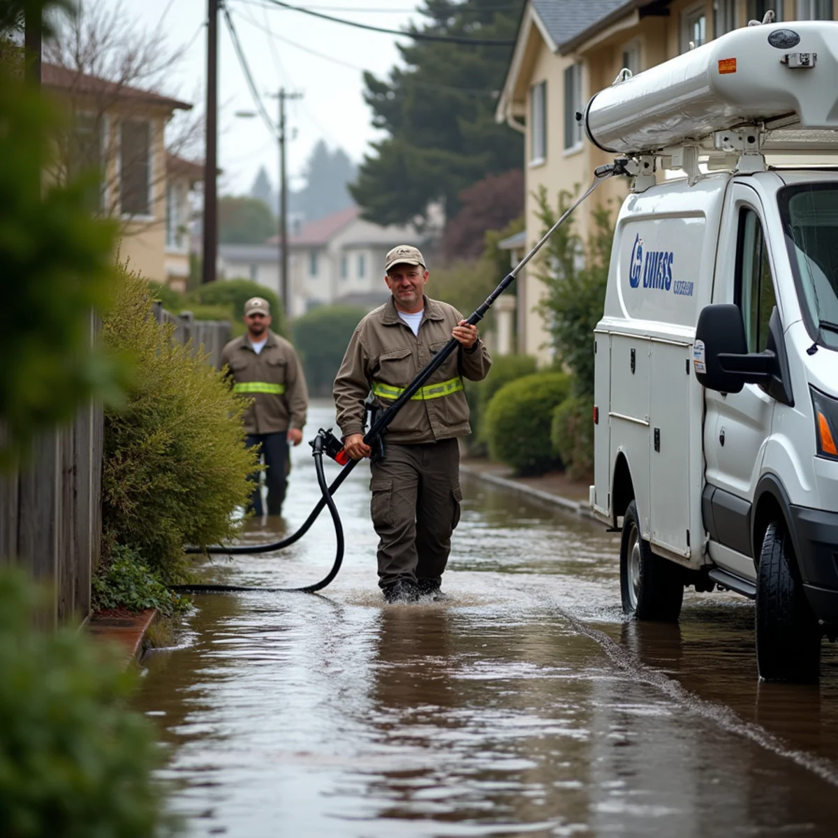 Rainwater ponding along a curb and storm drain on a sloped Daly City residential street during a winter storm