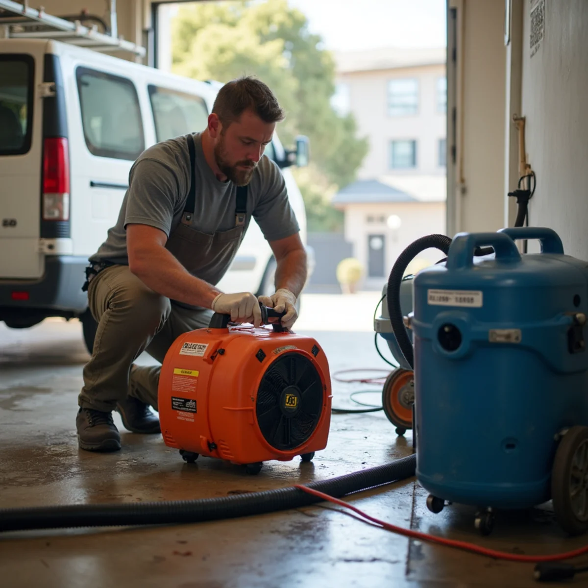 Restoration technician placing air movers during the drying phase of a water damage job