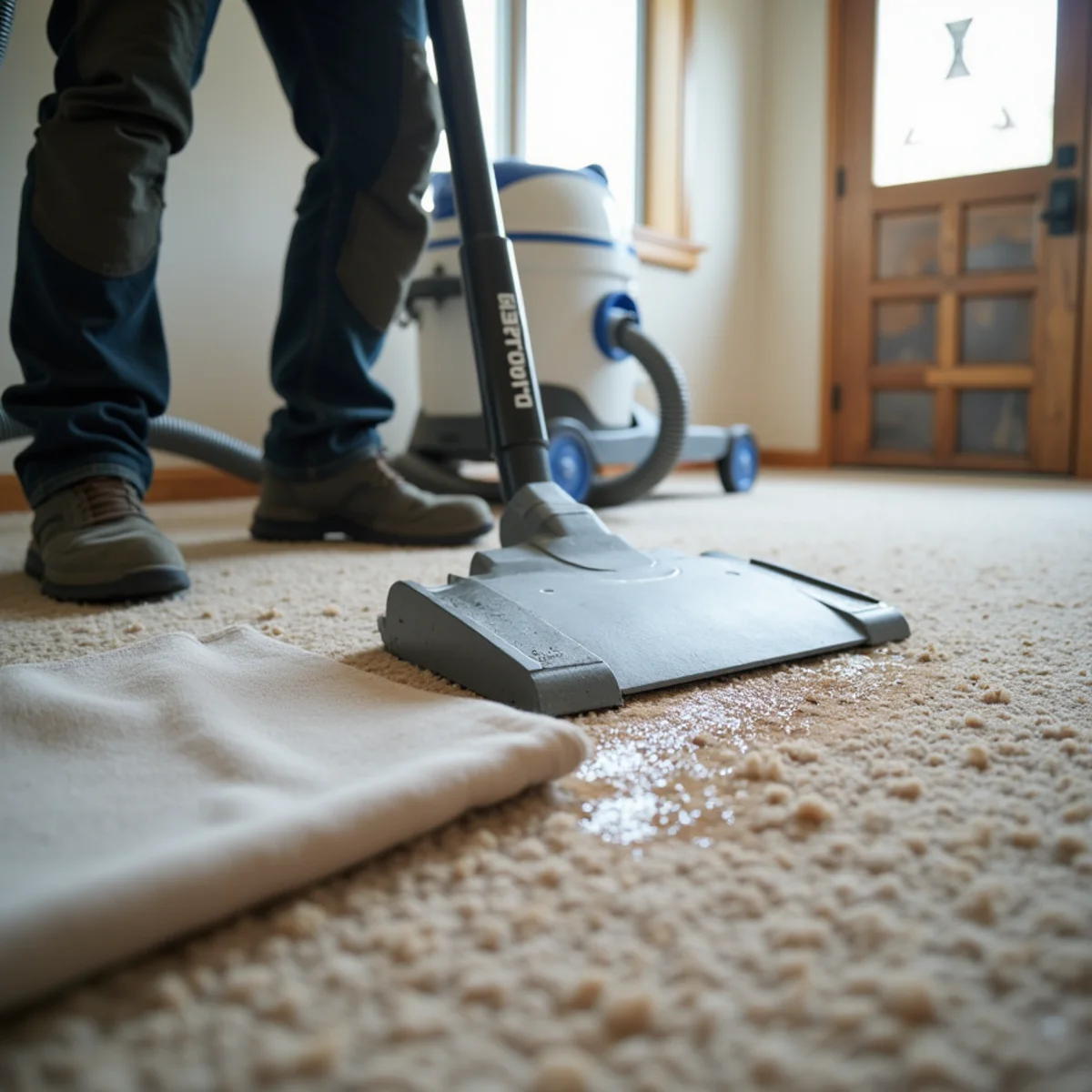 Soaked wall-to-wall carpet with a corner pulled back to show the wet pad and tack strip underneath