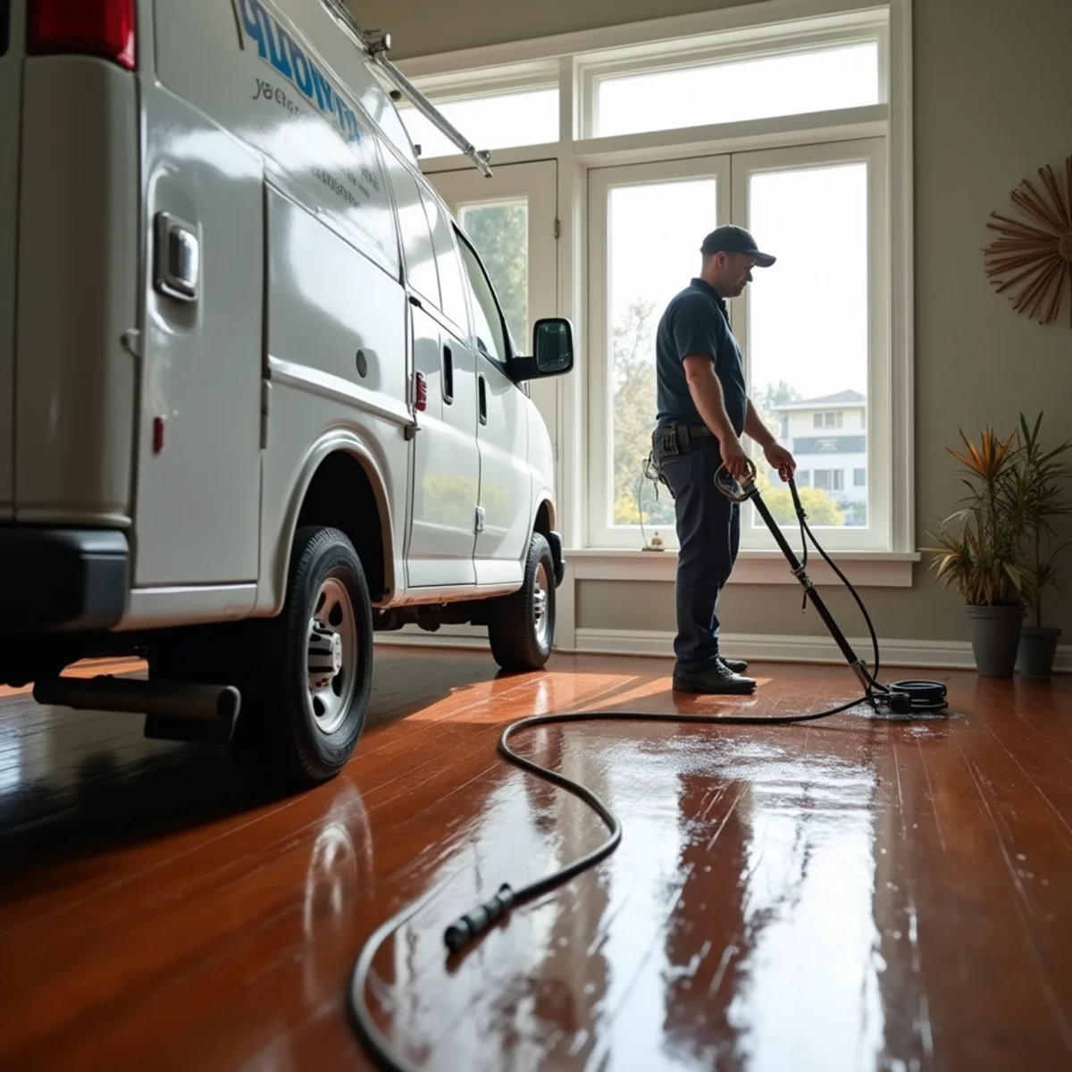 Truck-mounted water extraction removing standing water in a Daly City home