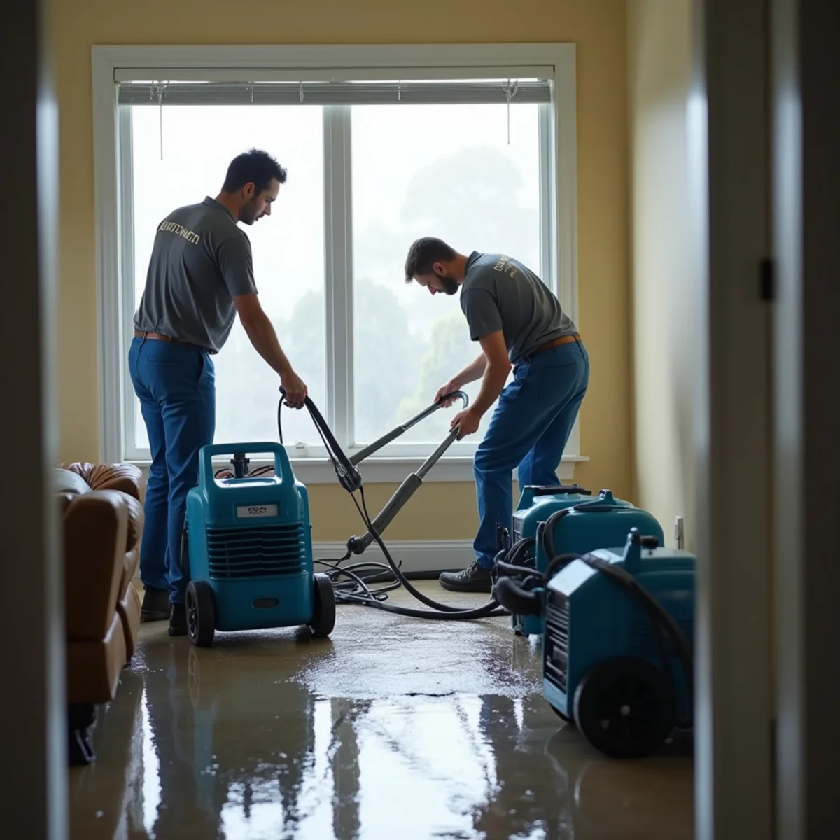 Water damage restoration technicians drying a flooded Daly City, CA home